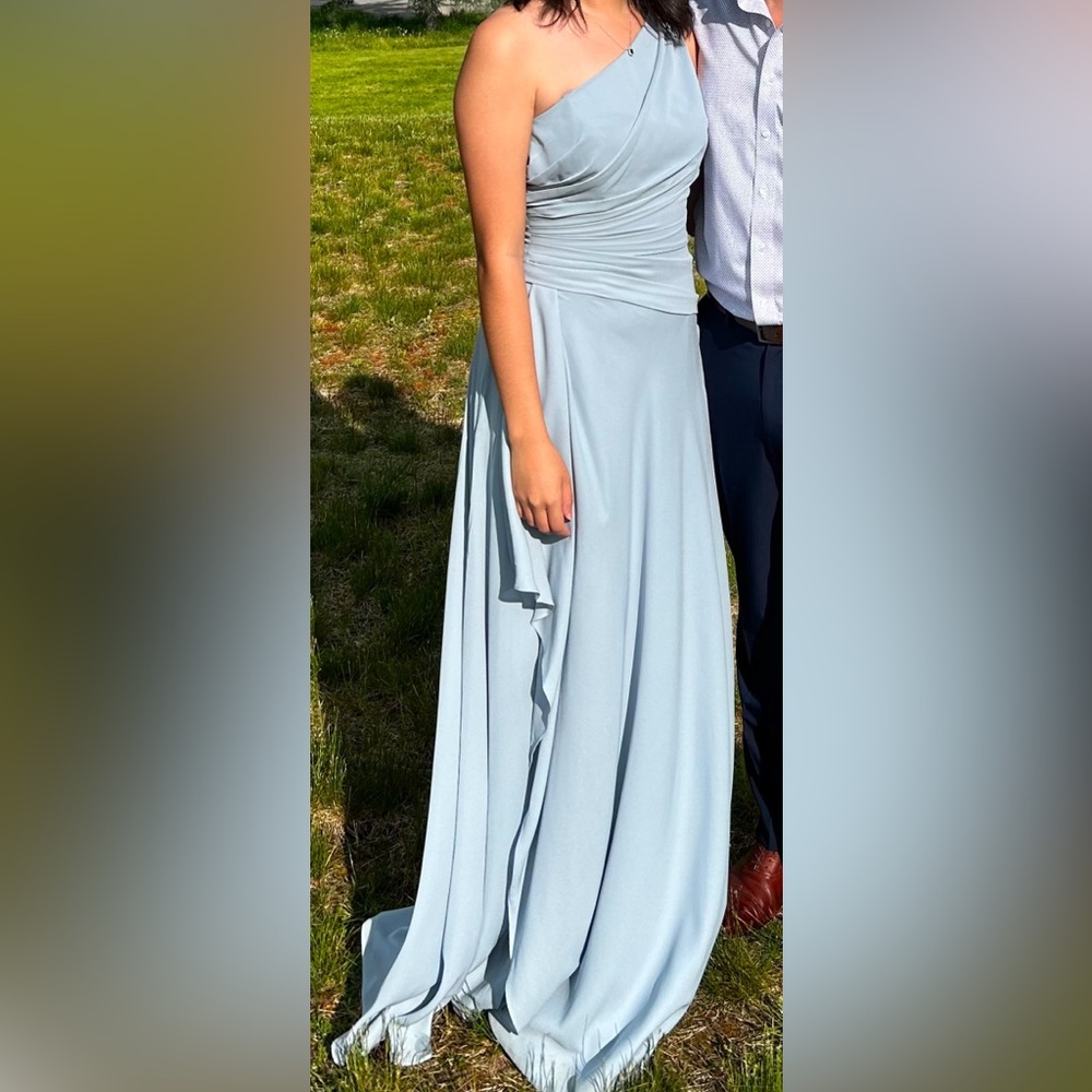 One-shouldered, dusty blue bridesmaid dress